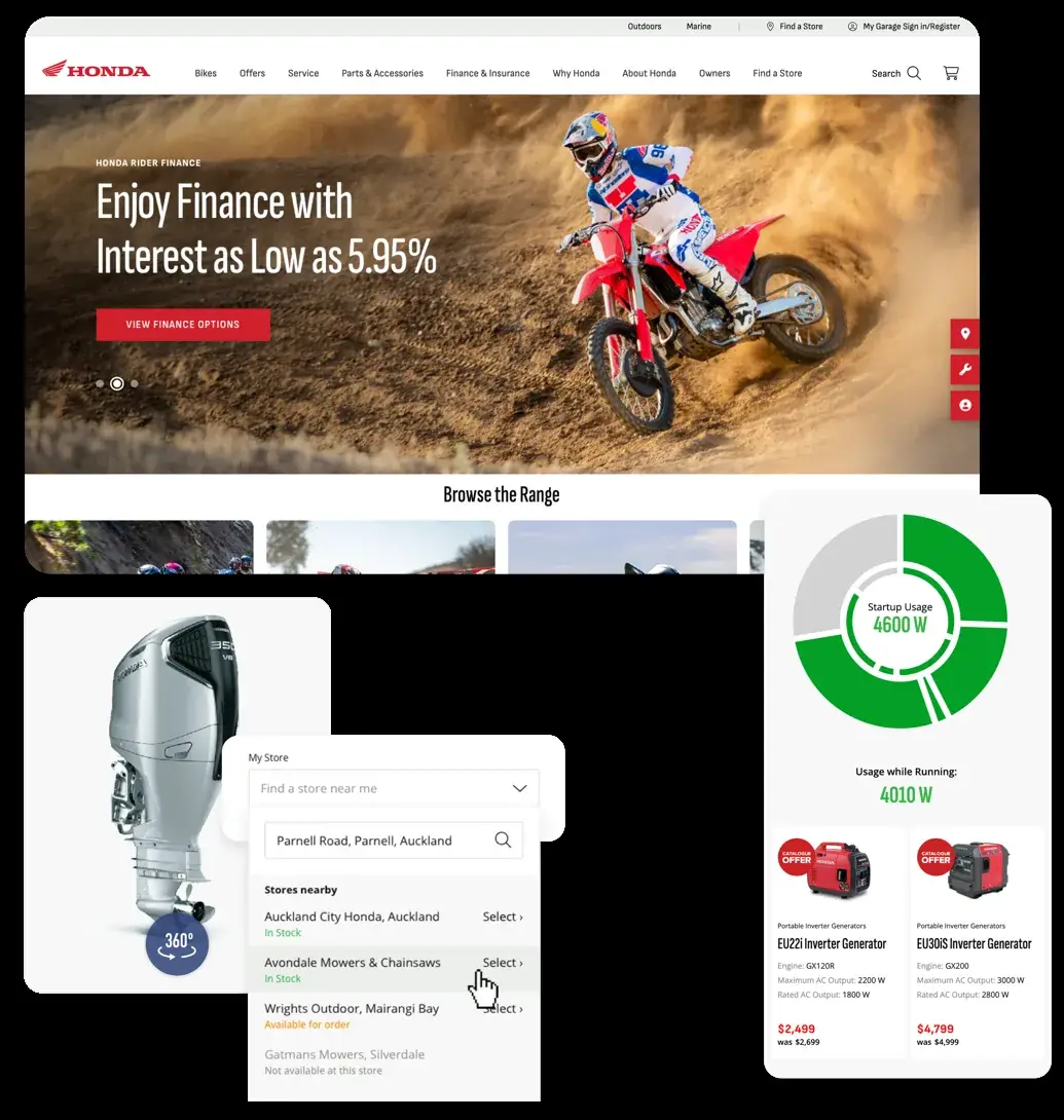 Honda ecommerce site with a rider finance hero of a motocross bike, a marine outboard product view with 360-degree spin and store stock finder, and a generator power-usage calculator with product pricing