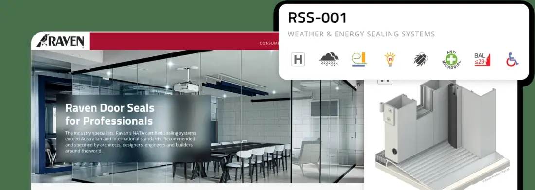 Raven Products website showing a 'Raven Door Seals for Professionals' hero over a glass-partitioned office, alongside an RSS-001 weather and energy sealing system product page with compliance icons and a technical 3D component render